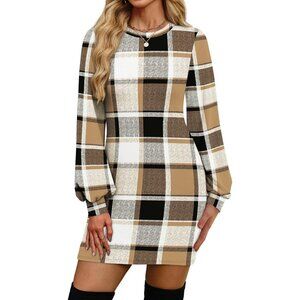 Ofeefan Women Khaki Plaid Puff Long Sleeve Crewneck Bodycon Ribbed Sweater Dress